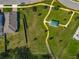 An aerial view displays the layout of the backyard, fence line, common green space, and home at 124 Juno Dr, Groveland, FL 34736
