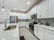 Bright kitchen featuring white cabinetry, stainless steel appliances, and modern backsplash at 124 Juno Dr, Groveland, FL 34736