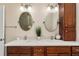 Bathroom with double sinks, dark cabinets, round mirrors, chrome fixtures, and accent lighting at 1282 Fort Lawn Loop, The Villages, FL 32162