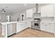 Modern kitchen with stainless appliances, white cabinets, quartz countertops, and stainless vent hood at 12913 County Road 104B, Oxford, FL 34484