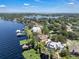Aerial shot displaying a lakeside home with a dock and pool, nestled among lush greenery and beautiful waterfront at 1956 Brantley Cir, Clermont, FL 34711