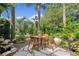 Landscaped backyard oasis with stone patio, water feature, and tropical foliage at 2904 Avalos Dr, The Villages, FL 32162