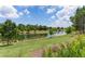 Lush backyard with a tranquil pond view, surrounded by mature trees at 2967 Thayer Ter, The Villages, FL 32163