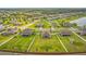 Wide aerial view of a residential community with a central lake surrounded by numerous single-Gathering homes at 3222 San Leo Dr, Orlando, FL 32820