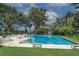 Inviting pool with lounge chairs and tables surrounded by green lawn and mature trees, perfect for relaxation at 33 Palm Dr, Yalaha, FL 34797