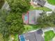 Aerial view of a home with a screened-in pool, surrounded by mature trees providing privacy and shade at 628 San Pedro Dr, The Villages, FL 32159