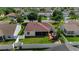 Aerial view of a fenced backyard featuring a screened lanai and a cozy patio, surrounded by lush green lawn at 1014 Nash Loop, The Villages, FL 32162