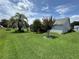 A lush backyard with a manicured lawn, mature trees, and colorful flowers adds beauty at 1512 Nueva Pl, The Villages, FL 32159