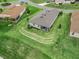 Aerial shot of backyard with covered patio, tiered landscaping, and lush lawn at 17108 Se 111Th Terrace Rd, Summerfield, FL 34491