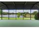 Enclosed lanai with green indoor/outdoor carpet flooring overlooking a beautiful pond at 2082 Vision Ct, The Villages, FL 32163