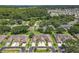An aerial view shows the neighborhood's layout, lush greenery, homes, and serene pond at 264 Juniper Way, Tavares, FL 32778
