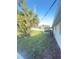 Backyard with chain-link fence, tropical tree, and glimpse of screened-in enclosure visible from the home's side at 48 Pinehurst Cir, Ormond Beach, FL 32174