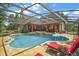The screened-in pool features a jacuzzi, waterfall, and ample space for lounging and entertaining at 707 S Dixie Dr, Howey In The Hills, FL 34737