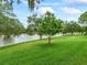 Scenic view of a tranquil pond surrounded by mature trees and manicured green lawns, offering a peaceful setting at 727 Turnberry Ln, The Villages, FL 32159