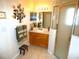 Well-lit bathroom showcases a single sink, wood cabinets, decorative accents, and a glass enclosed shower at 751 Old Oaks Ln, Leesburg, FL 34748
