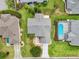 Aerial view of a home's backyard featuring a pool, mature landscaping, and well-kept lawn at 8039 Se 174Th Belhaven Loop, The Villages, FL 32162