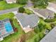 Aerial view showcasing a home's backyard with pool, mature landscaping and screened lanai at 8039 Se 174Th Belhaven Loop, The Villages, FL 32162