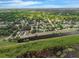Aerial view of neighborhood with mature trees, and waterfront view with a small lake and fountain at 101 Lakeshore Blvd, St Cloud, FL 34769