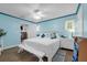 Bright bedroom features blue walls, white trim and a large white bed at 101 Lakeshore Blvd, St Cloud, FL 34769