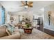 Bright and airy living space with ceiling fan, view into kitchen, and cozy seating at 17324 Se 82Nd Pecan Ter, The Villages, FL 32162