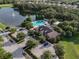 Aerial view of community pool and clubhouse with pond and fountain at 1861 Remembrance Ave, St Cloud, FL 34769