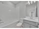 A well-lit bathroom featuring a shower/tub combo, a white vanity, and a mirror at 2147 Timber Creek Ln, Clermont, FL 34715