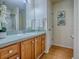 Bathroom featuring a single sink vanity, mirror, white towels, and wood-look floors at 2799 Privada Dr, The Villages, FL 32162