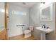 Well-lit bathroom featuring a pedestal sink, white toilet, and textured walls at 3097 Bureau Path, The Villages, FL 32163