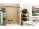 Bathroom with tiled shower, decorative plant, and vanity at 3466 Smedley Rd, The Villages, FL 32163