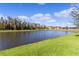Scenic view of the pond with lush green lawn and mature trees under a bright blue sky at 4878 Chitty Chatty Run, The Villages, FL 32163