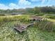 Aerial view showcasing a charming dock with shelter nestled within serene lily pads and scenic views at 9269 Silver Lake Dr, Leesburg, FL 34788