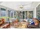 Bright sunroom with wicker furniture, ceiling fan, and views of the outdoors at 1214 Loch Rannoch Ct, Leesburg, FL 34788