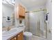 Updated bathroom featuring a glass shower enclosure, vanity with sink, and cabinetry at 17461 Se 82Nd Albemarle Ave, The Villages, FL 32162