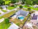 Aerial view of blue house with inground pool in screened enclosure, patio, lush lawns and trees in the neighborhood at 2705 Bayview Dr, Eustis, FL 32726
