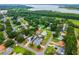 Aerial view showcasing a residential area near a lake, with tree-lined streets and green lawns at 2705 Bayview Dr, Eustis, FL 32726