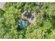 Aerial view of a property with a screened in pool surrounded by mature trees at 500 Lake Forest Cir, Mount Dora, FL 32757