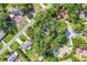 Aerial view of a neighborhood showcasing mature trees, well-maintained homes, and a community pool at 500 Lake Forest Cir, Mount Dora, FL 32757