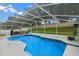 Enclosed pool with covered seating area, blue tile, and a view of the backyard at 815 Forestwood Dr, Minneola, FL 34715