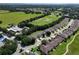 Drone shot of cozy townhomes surrounded by green pastures, a driving range, and a well-maintained golf course at 26917 White Plains Way, Leesburg, FL 34748