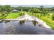 Aerial view of waterfront property with a sandy beach, private watercraft, and a lush tree line at 33943 E Lake Joanna Dr, Eustis, FL 32736