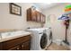 Functional laundry room with modern washer and dryer, sink, and ample cabinet space at 5144 Rishley Run Way, Mount Dora, FL 32757