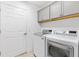 Practical laundry room with gray cabinets and modern washer/dryer at 5868 Wood Stork Way, The Villages, FL 32163