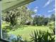 Expansive view of the backyard from the house showcasing the river, mossy tree, and green grass at 105 Avocado Cv, Leesburg, FL 34748