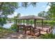 Private wooden dock with covered area, offering a serene waterfront experience and relaxing lake views at 29152 David Ct, Tavares, FL 32778