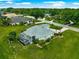 Overhead view of a home with a screened lanai, brick-paved driveway, and mature landscaping in a green neighborhood at 39145 Treeline Dr, Lady Lake, FL 32159