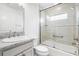 Bright bathroom featuring a vanity with granite counters and a glass-enclosed shower at 4157 Tiedemann Loop, The Villages, FL 32163