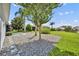 Landscaped backyard featuring a rock garden, lush grass, and mature trees offers a serene outdoor space at 5964 Brittania Blvd, Tavares, FL 32778