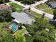 Aerial view featuring the property's pool, well-maintained landscaping, and mature trees for added privacy at 604 Ponderosa Dr, St Cloud, FL 34769