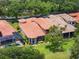A stunning aerial view showcasing a home's sparkling pool, lush landscaping, and red tile roof at 9335 San Jose Blvd, Howey In The Hills, FL 34737