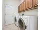 Functional laundry room features a washer, dryer, and storage cabinets above at 101 Flame Vine Way, Groveland, FL 34736